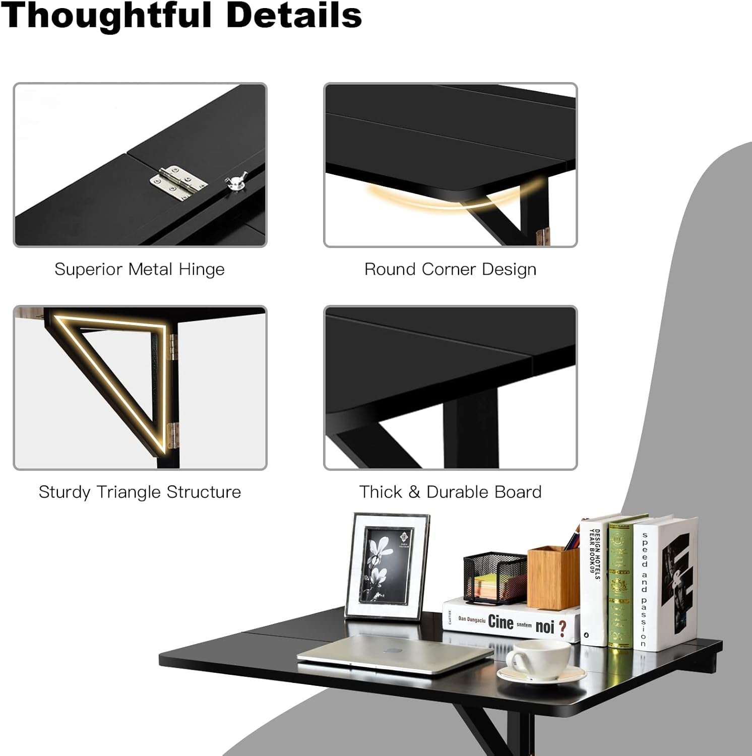 Wall Mounted Folding Table, 31.5" X 23.5" Drop-Leaf Floating Writing Desk for Small Spaces, Space-Saving Fold down Laptop Workstation for Kitchen, Bedroom, Laundry Room, Study Room (Black)