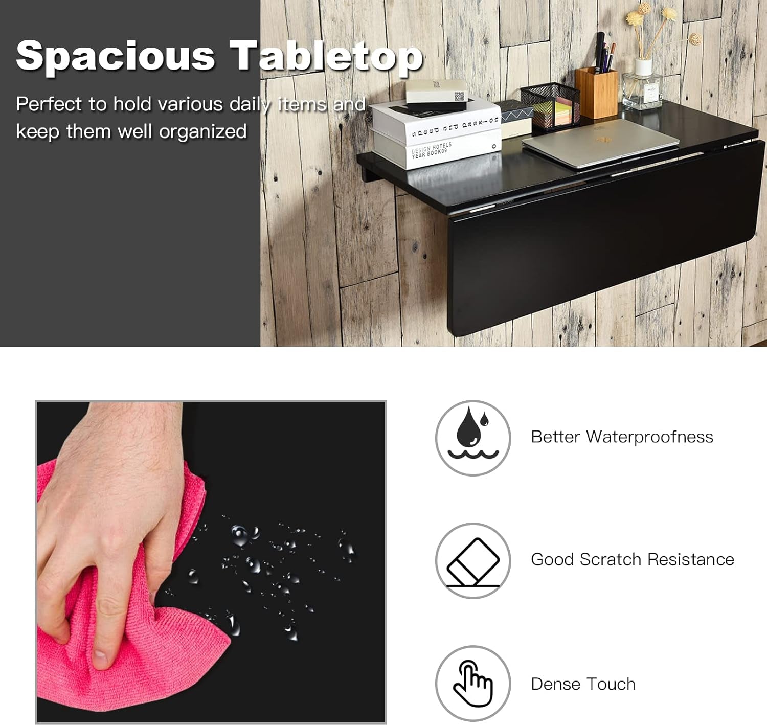 Wall Mounted Folding Table, 31.5" X 23.5" Drop-Leaf Floating Writing Desk for Small Spaces, Space-Saving Fold down Laptop Workstation for Kitchen, Bedroom, Laundry Room, Study Room (Black)