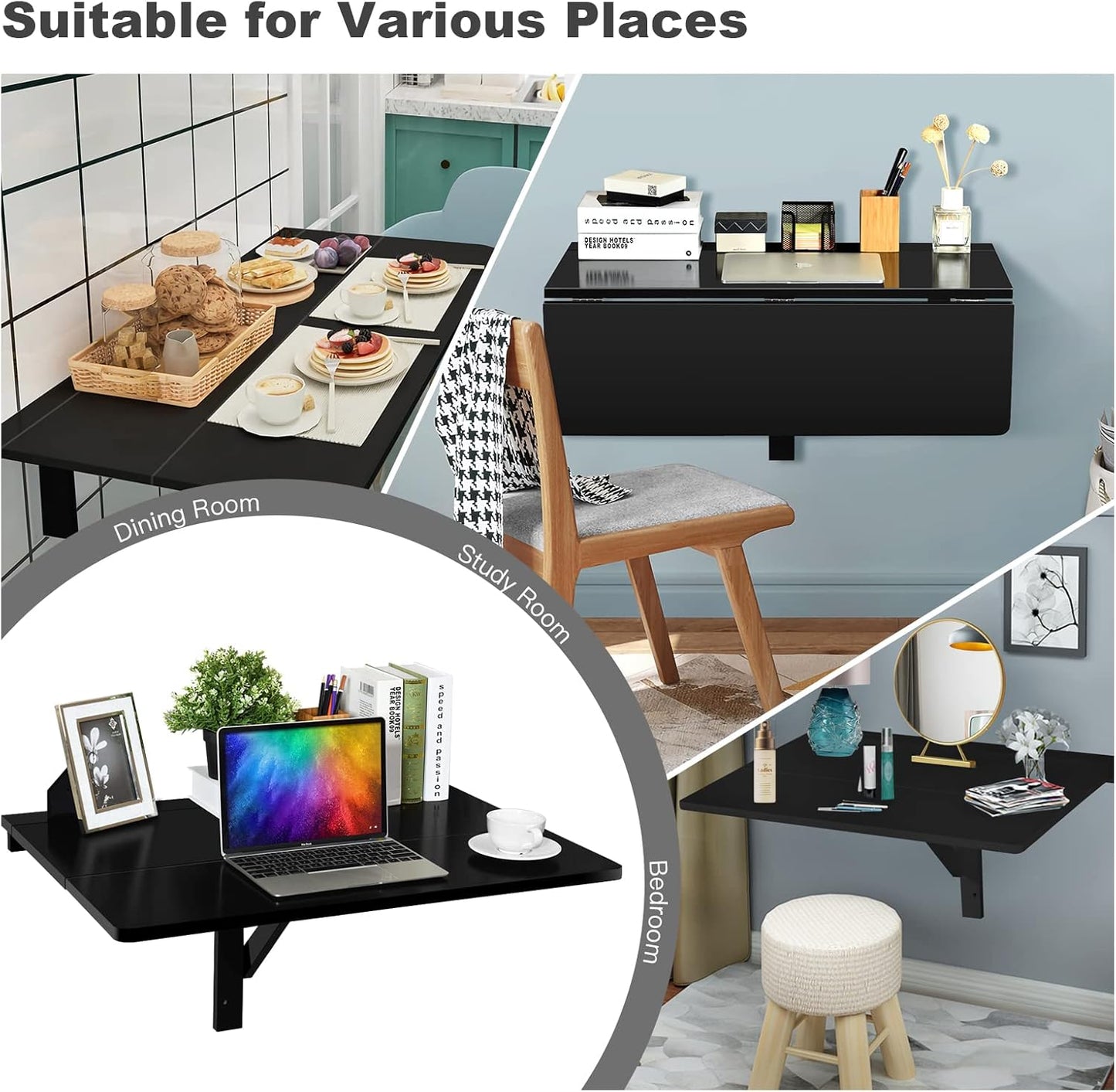 Wall Mounted Folding Table, 31.5" X 23.5" Drop-Leaf Floating Writing Desk for Small Spaces, Space-Saving Fold down Laptop Workstation for Kitchen, Bedroom, Laundry Room, Study Room (Black)