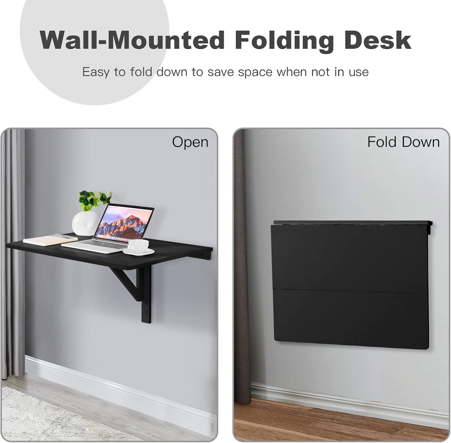 Wall Mounted Folding Table, 31.5" X 23.5" Drop-Leaf Floating Writing Desk for Small Spaces, Space-Saving Fold down Laptop Workstation for Kitchen, Bedroom, Laundry Room, Study Room (Black)