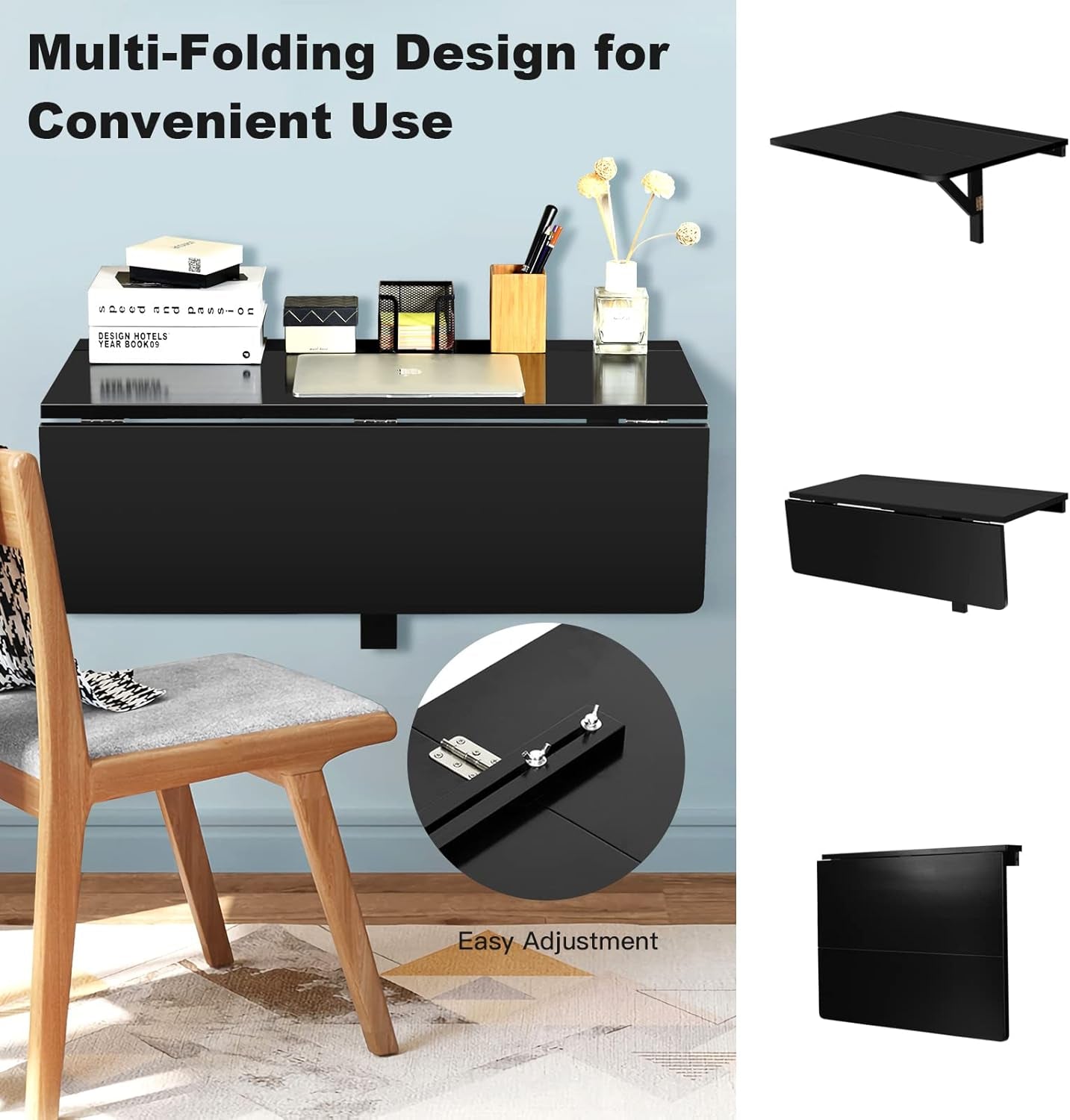 Wall Mounted Folding Table, 31.5" X 23.5" Drop-Leaf Floating Writing Desk for Small Spaces, Space-Saving Fold down Laptop Workstation for Kitchen, Bedroom, Laundry Room, Study Room (Black)
